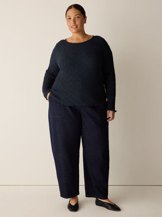 Eileen Fisher Bubble Jacquard Round Neck Top with Long Sleeves in Black