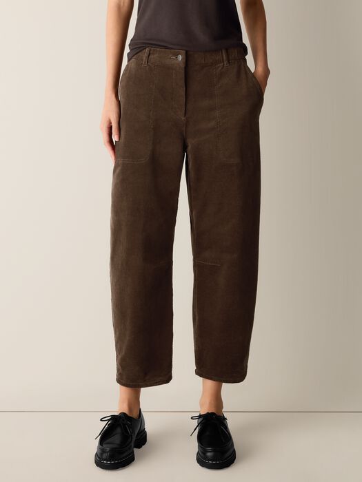 Dark hazel-brown corduroy ankle pants, straight leg, side pockets
