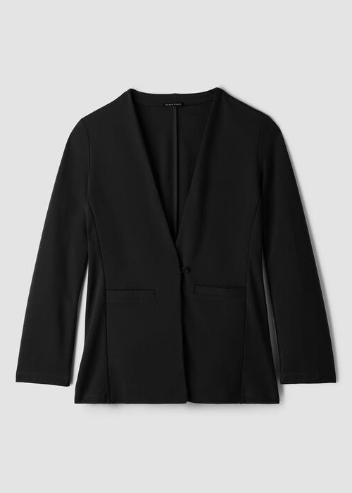 Black collarless single-button blazer with long sleeves and front welt pockets, flat lay view