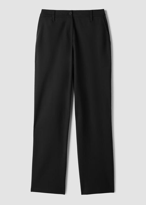 Black straight-leg dress trousers with high waist, button closure, and belt loops, flat lay view