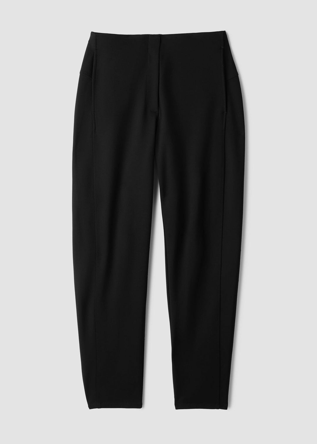 Black tailored trousers with a straight, slightly tapered leg and subtle side pleats, shown flat against a light gray background.