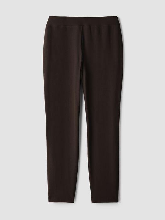 Dark brown slim-fit pants with elastic waistband, flat lay front view