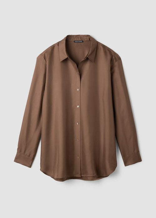 Silk twill long-sleeve shirt with classic collar and front buttons, hazel brown