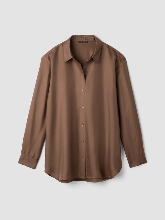Silk twill long-sleeve shirt with classic collar and front buttons, hazel brown