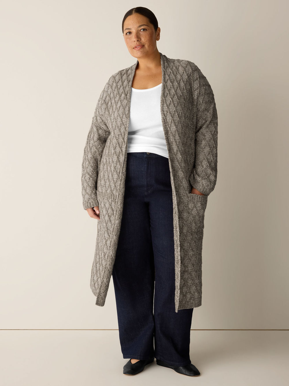 Eileen Fisher Peruvian Cotton Boucle Fluff Argyle Pattern Long Sleeve Turtleneck in Twine
