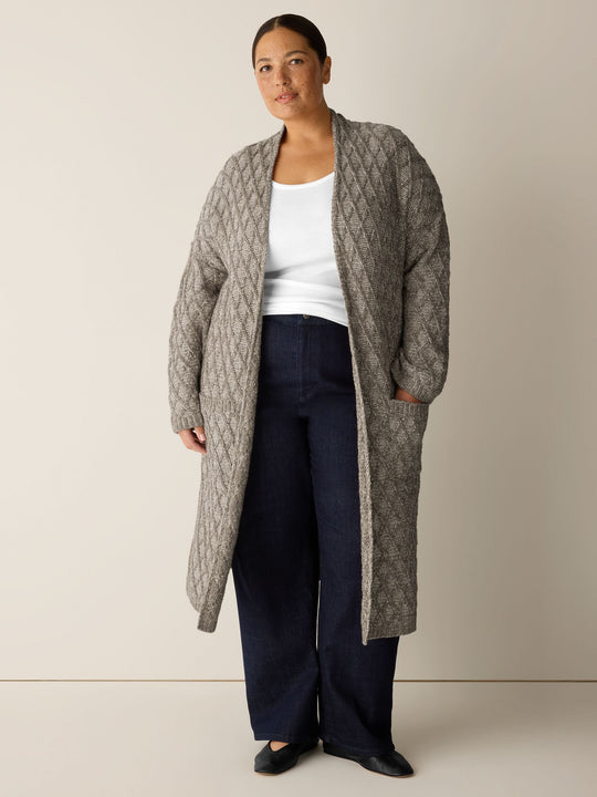 Eileen Fisher Peruvian Cotton Boucle Fluff Argyle Pattern Long Sleeve Turtleneck in Twine