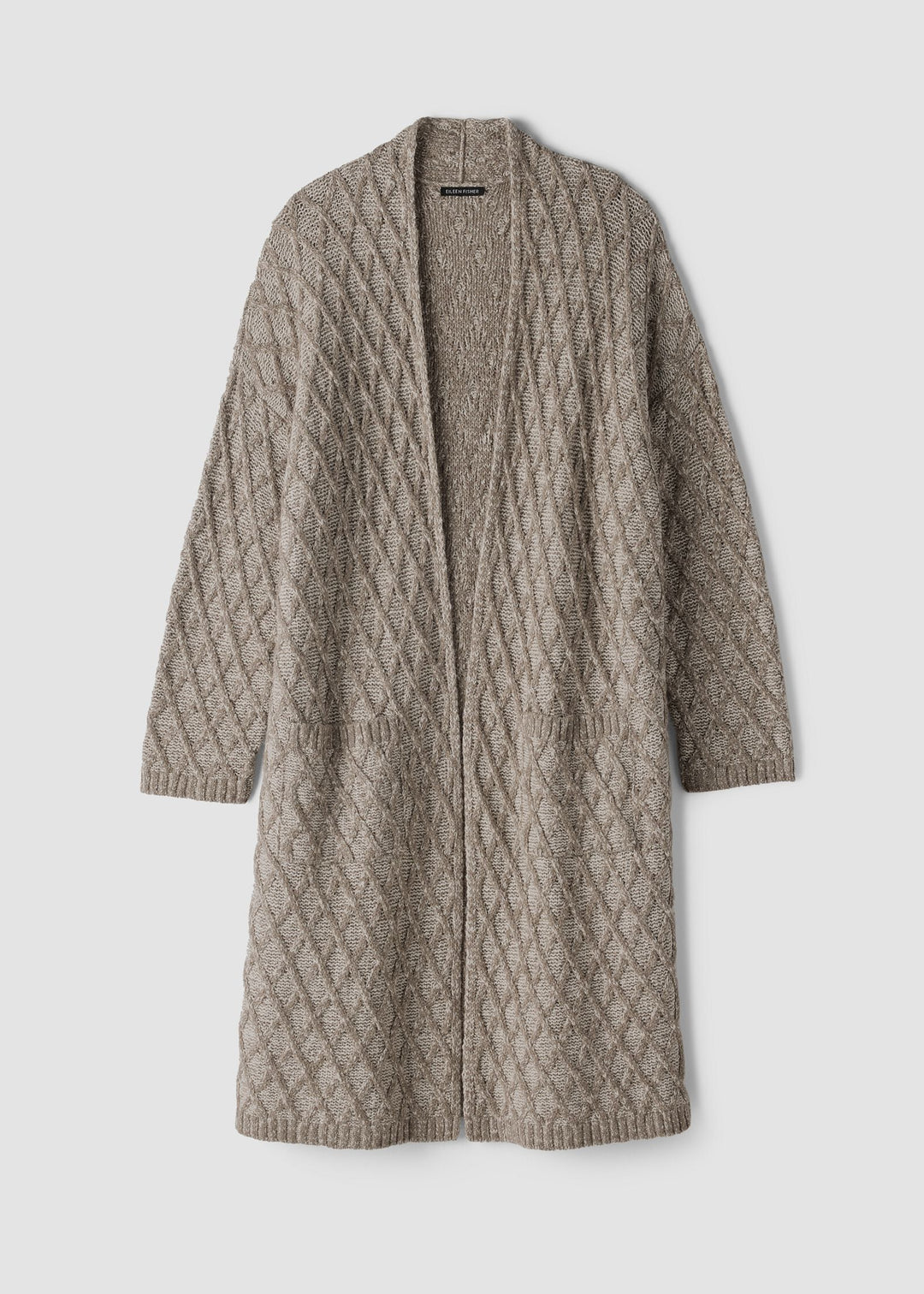 A long open-front cable-knit cardigan in a warm taupe-beige color, displayed against a solid light gray background.