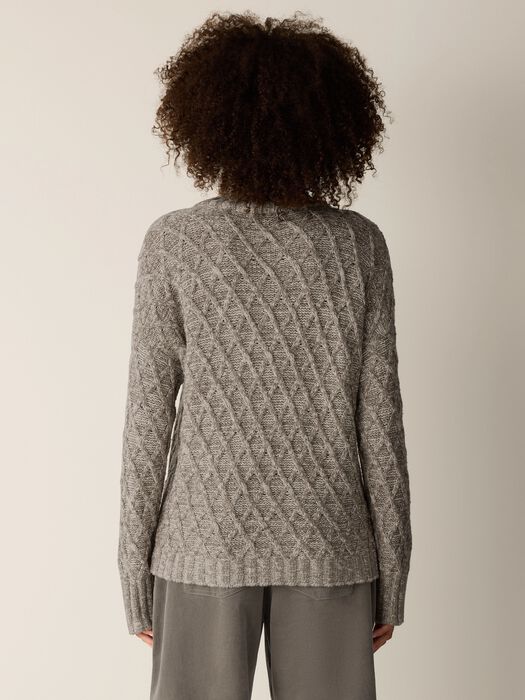 Cable-knit argyle pattern turtleneck sweater in heathered gray, back view on model
