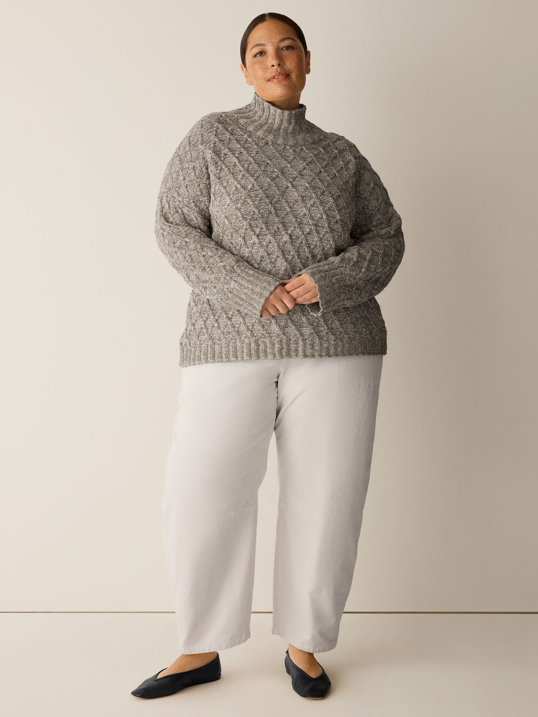 Long-sleeve turtleneck sweater, textured argyle knit in light gray