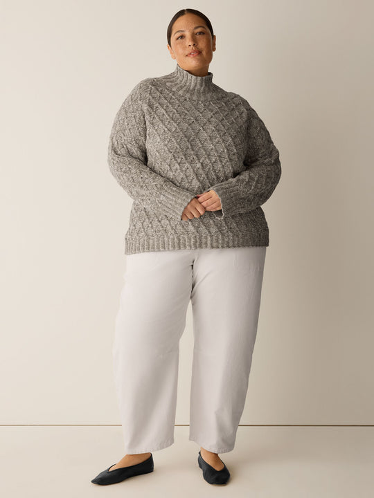 Long-sleeve turtleneck sweater, textured argyle knit in light gray