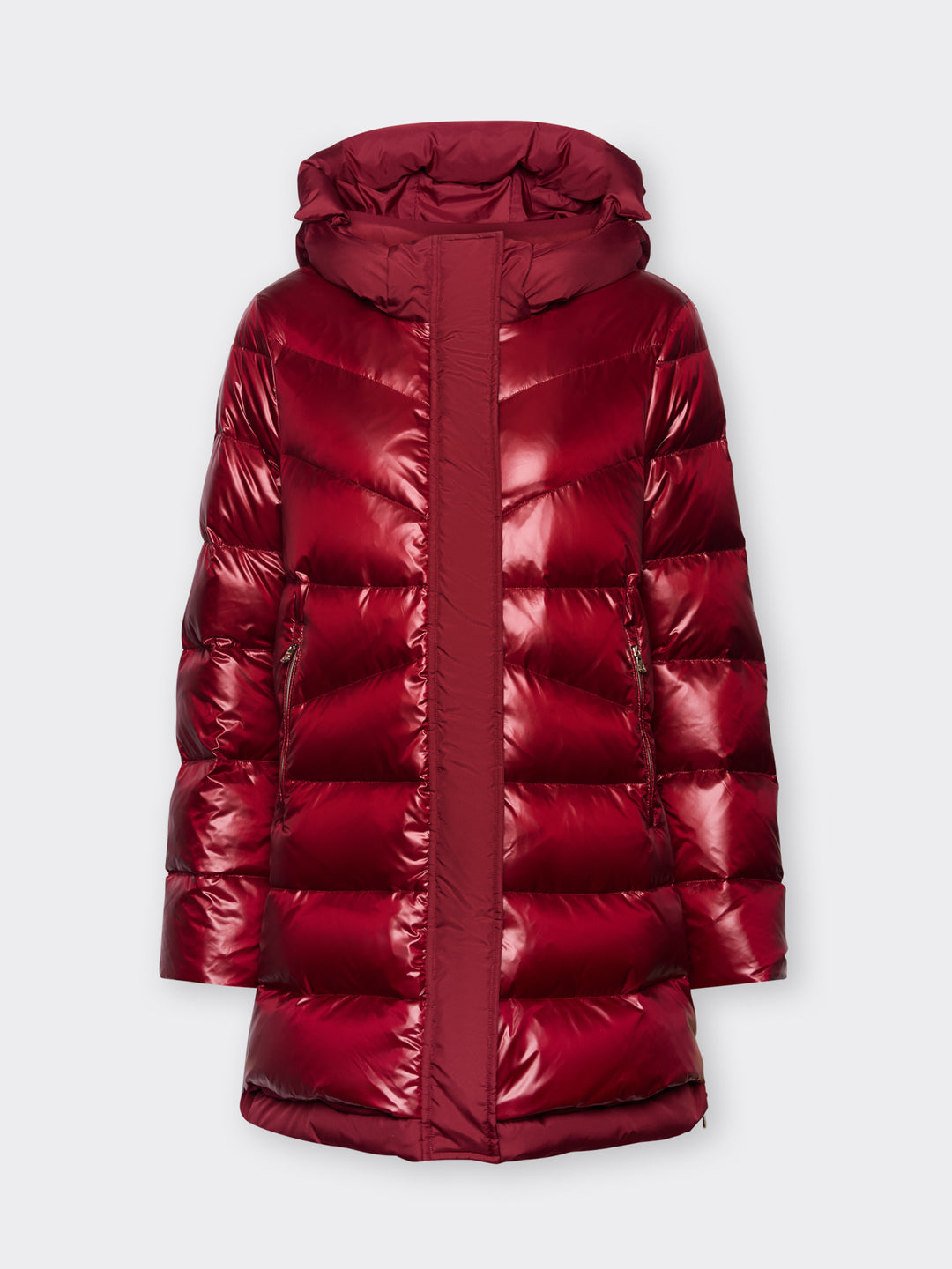 Deep red hooded puffer jacket with front zipper and quilted horizontal baffles