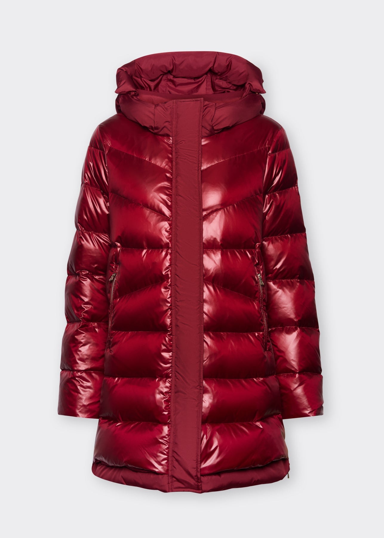 Deep red hooded puffer jacket with front zipper and quilted horizontal baffles