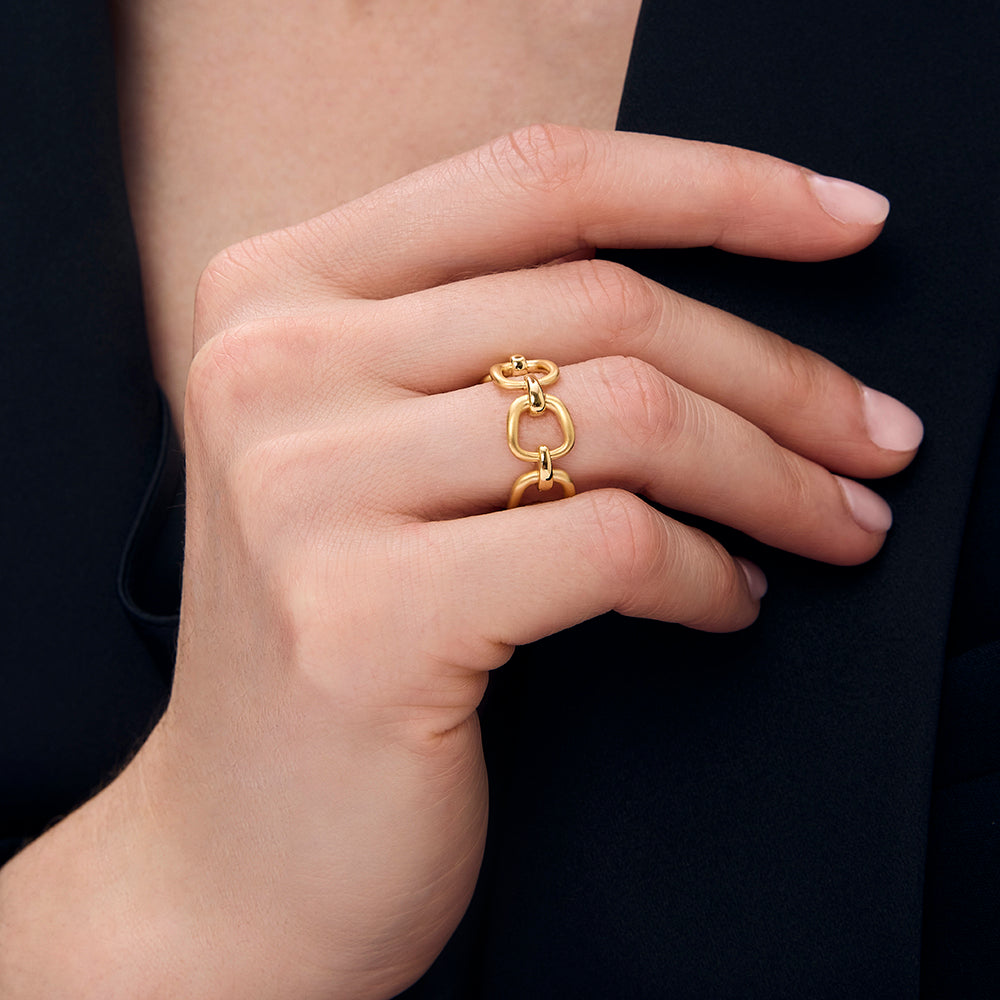 Gold chain-link ring on finger with chunky interlocking links