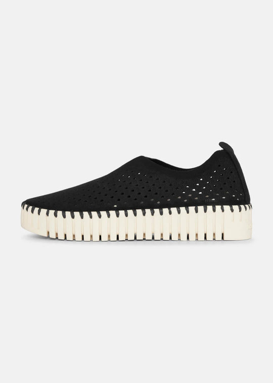 side view of Ilse Jacobsen Slip On Platform Laser cut Pattern Shoe in Black