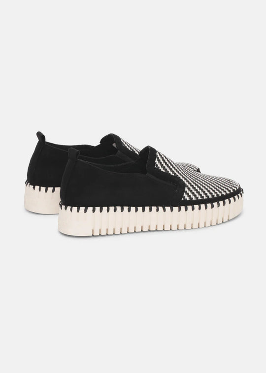 side view of Ilse Jacobsen Tulip Slip on Mixed Textile Platform in Black/White