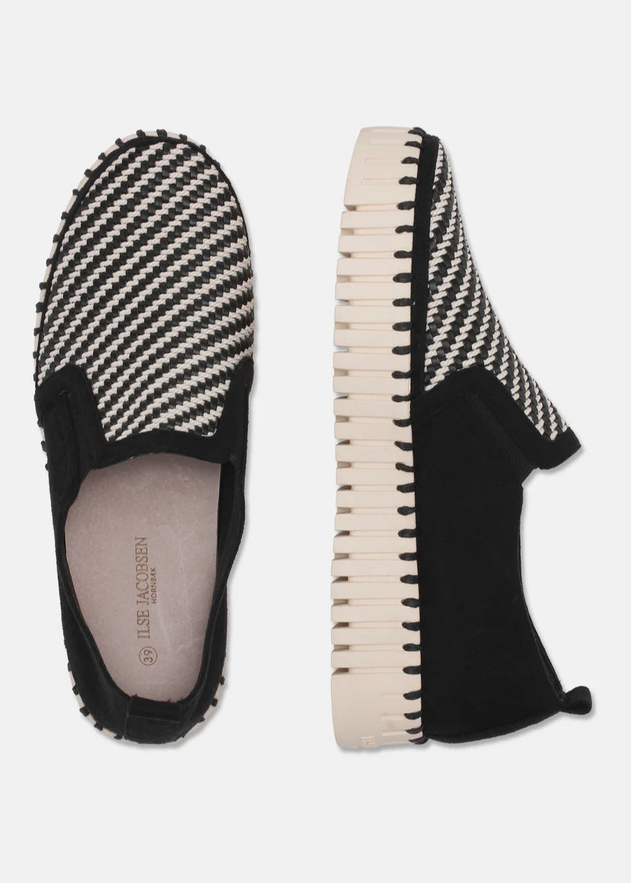 front and side view of Ilse Jacobsen Tulip Slip on Mixed Textile Platform in Black/White