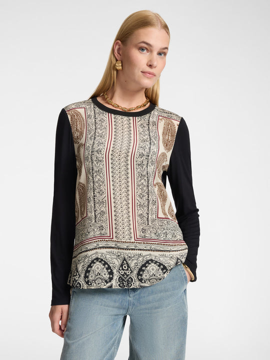 Long sleeve round-neck jersey top with ornate front print panel and black sleeves