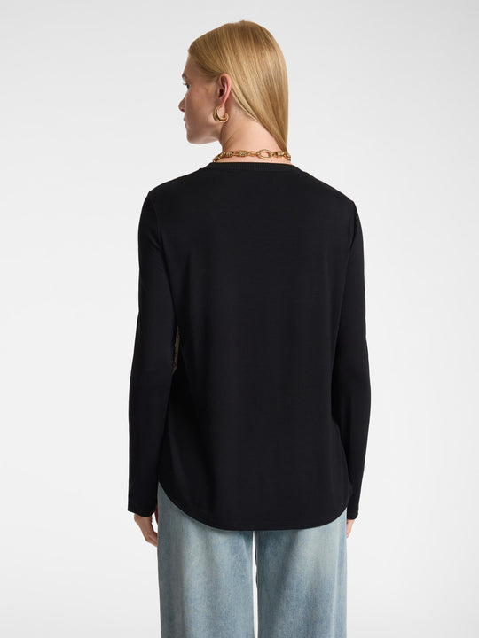 Long sleeve round-neck jersey top, plain black back view