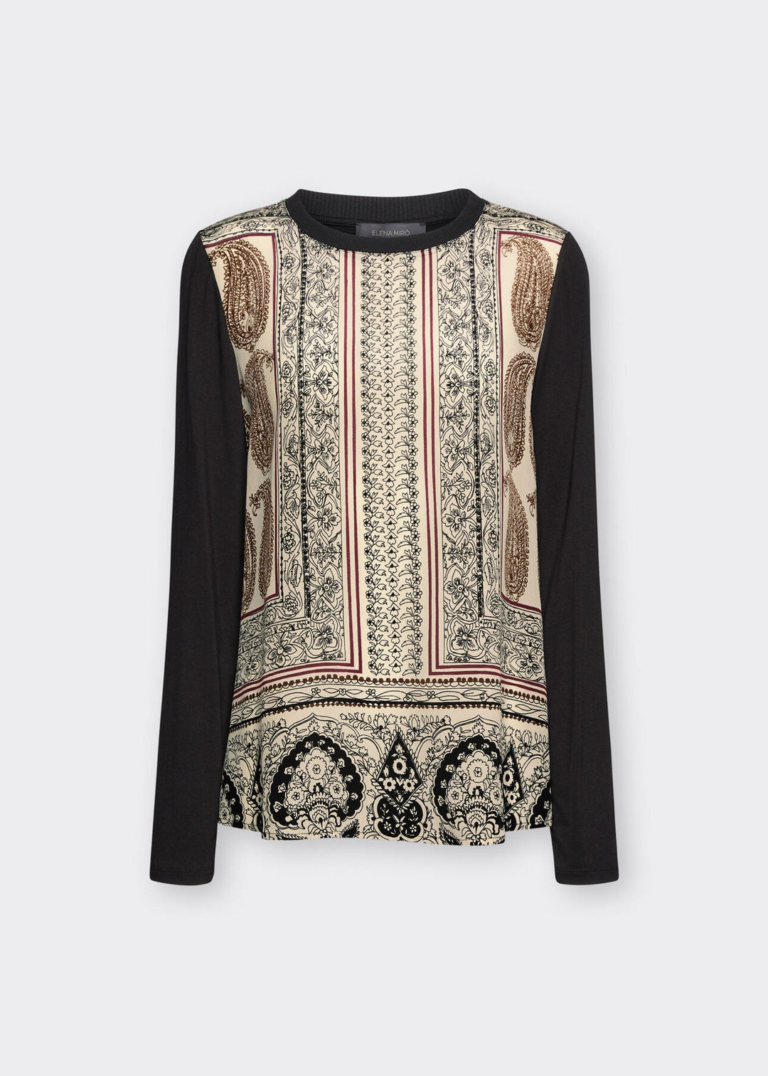 Long sleeve round-neck jersey top, black with ornate front print and black sleeves