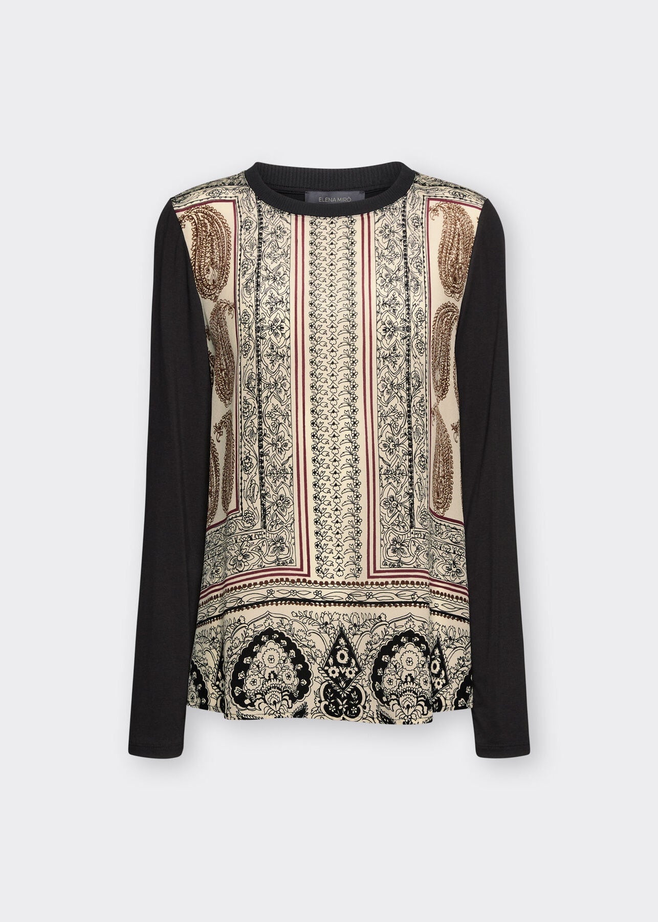 Long sleeve round-neck jersey top, black with ornate front print and black sleeves