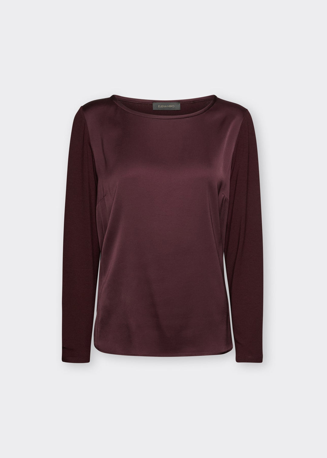 Long sleeve satin boat-neck tee with front seam, dark plum