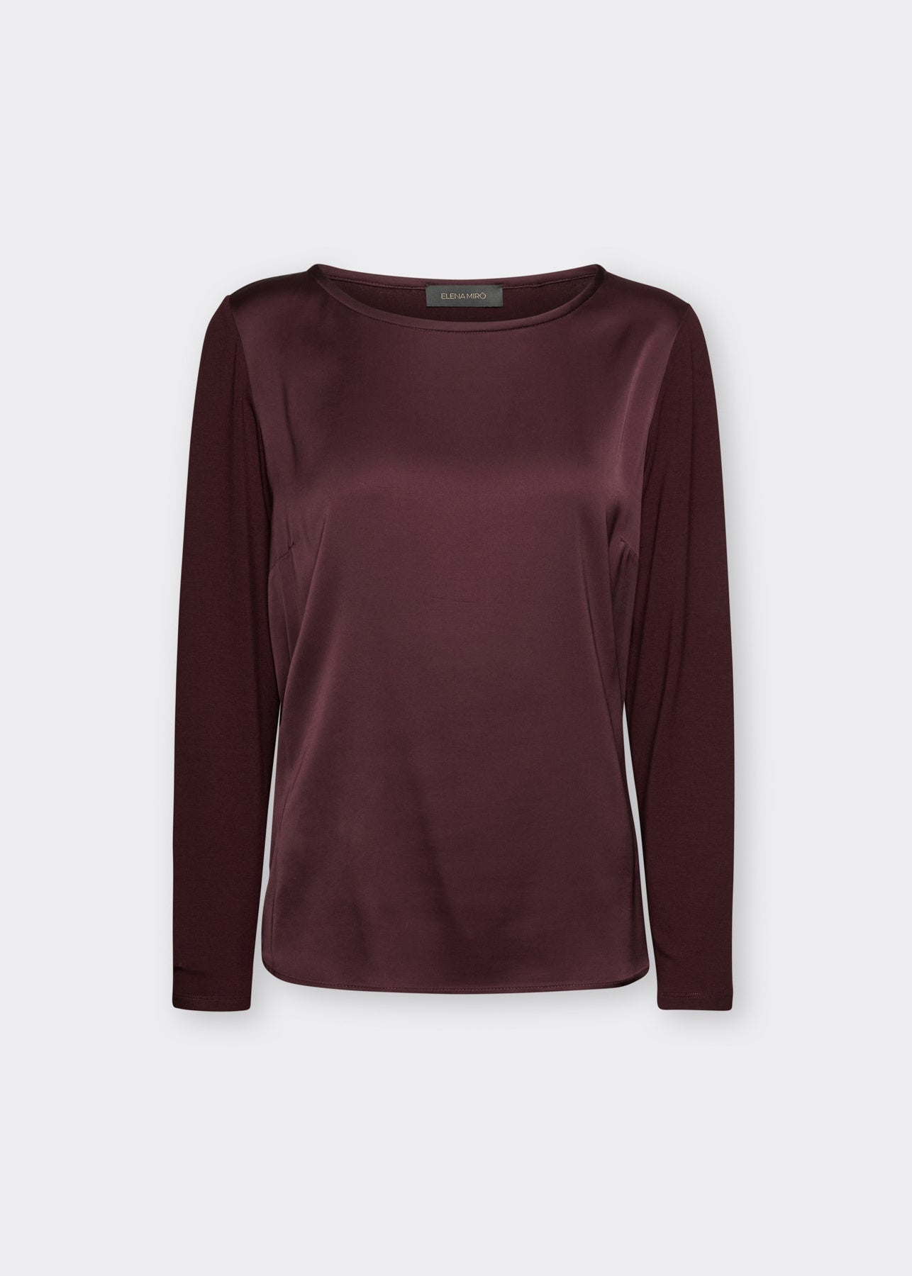 Long sleeve satin boat-neck tee with front seam, dark plum