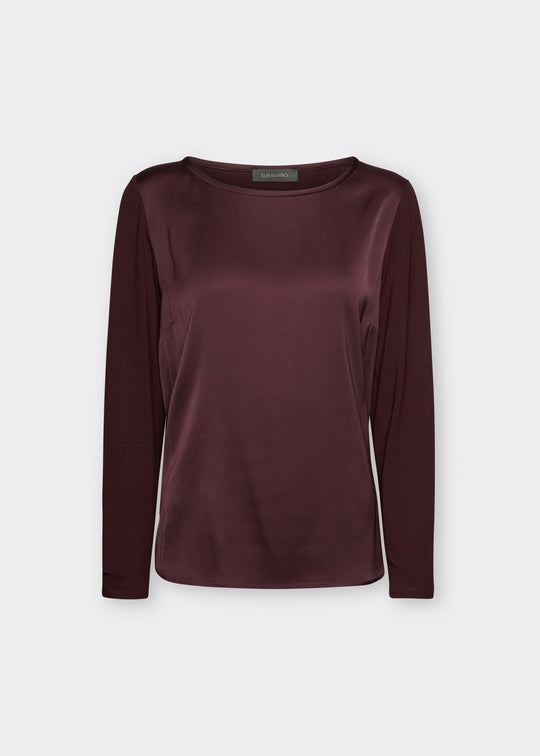 Long sleeve satin boat-neck tee with front seam, dark plum
