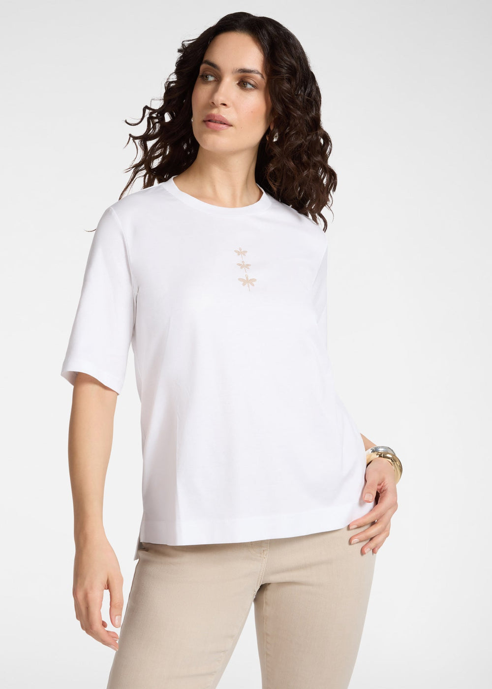 front view of plus size Elena Miro Short Sleeve Crewneck T Shirt with Dragonfly in Optical White