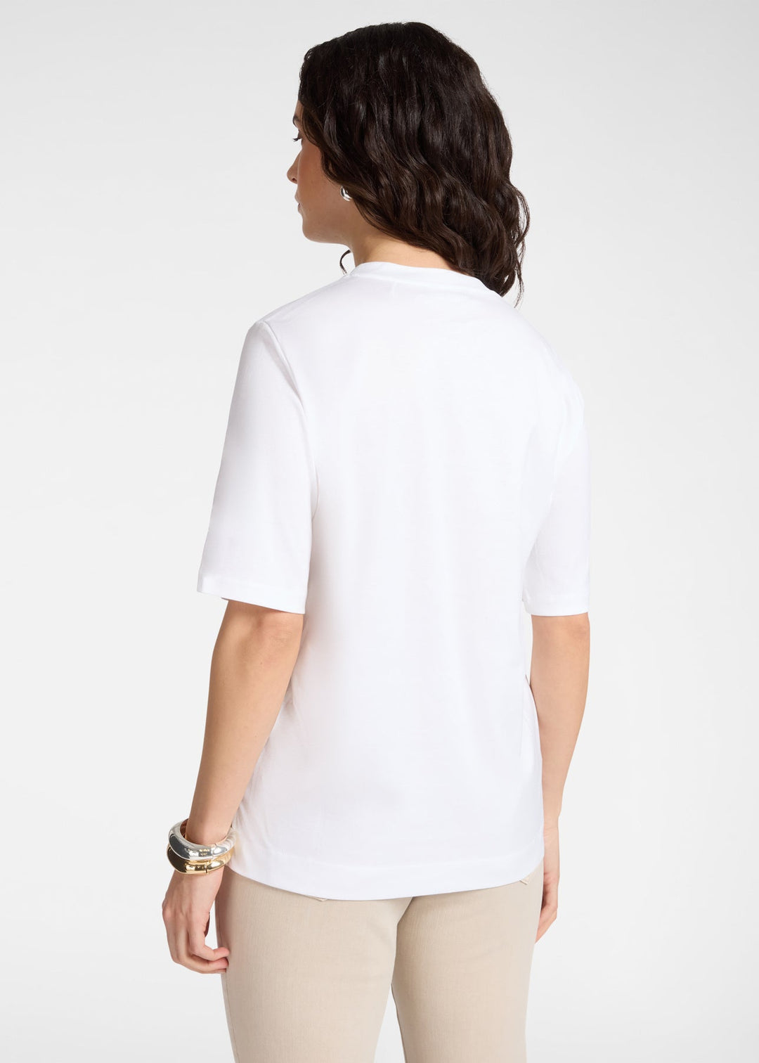 back view of plus size Elena Miro Short Sleeve Crewneck T Shirt with Dragonfly in Optical White
