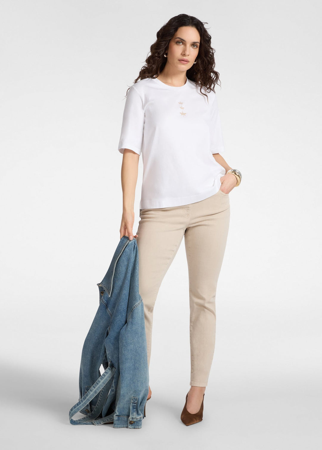 front view of plus size Elena Miro Short Sleeve Crewneck T Shirt with Dragonfly in Optical White