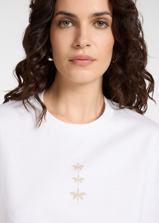 front view of plus size Elena Miro Short Sleeve Crewneck T Shirt with Dragonfly in Optical White