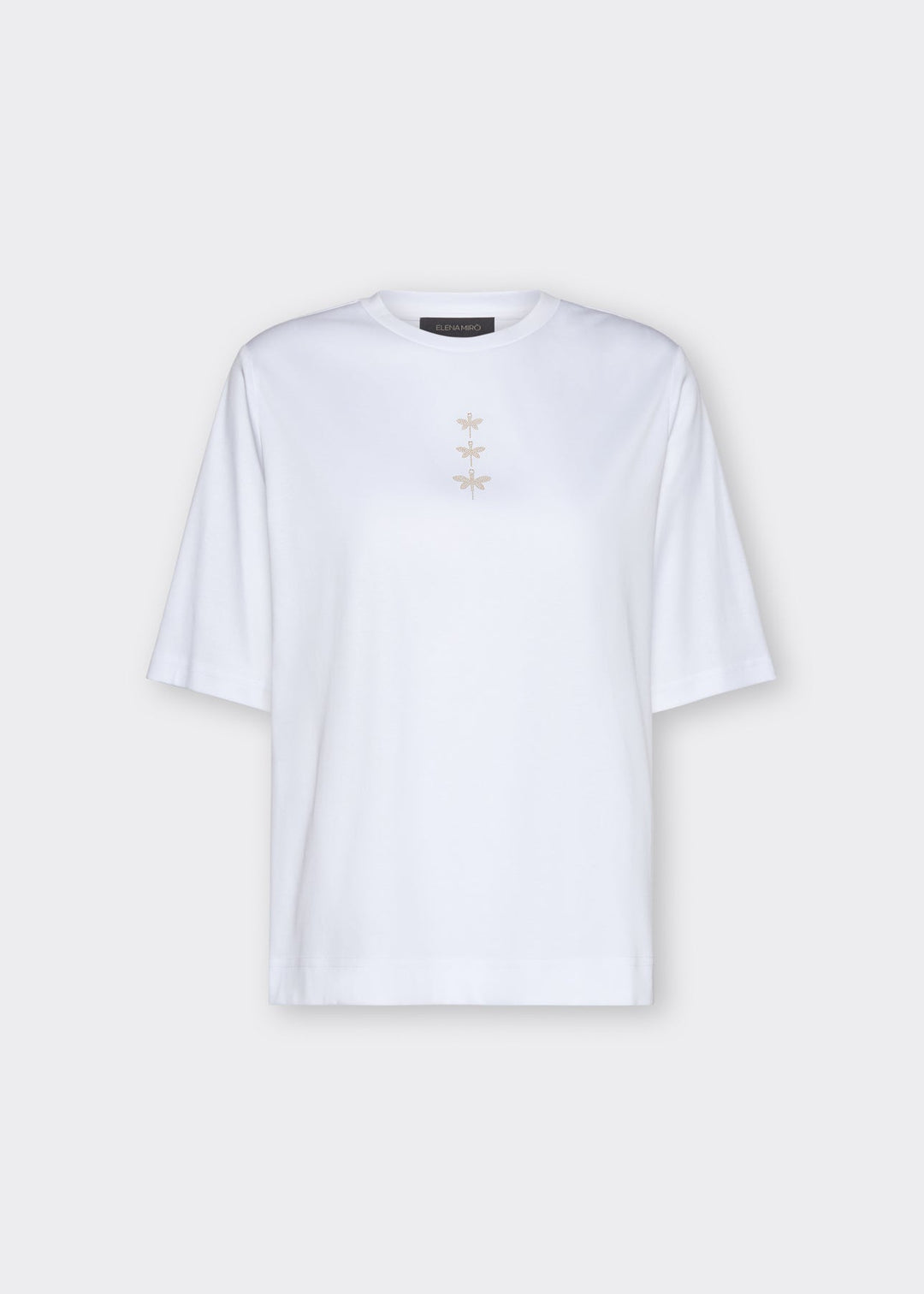 front view of plus size Elena Miro Short Sleeve Crewneck T Shirt with Dragonfly in Optical White