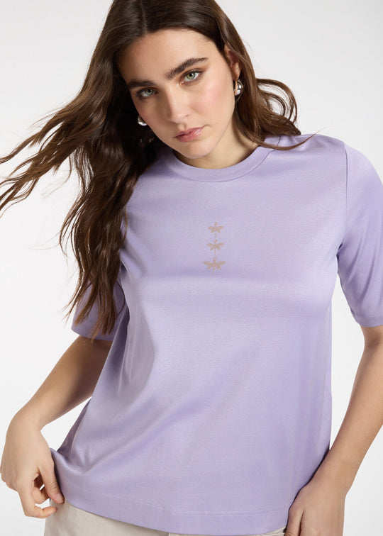 front view of plus size Elena Miro Short Sleeve Crewneck T Shirt with Dragonfly  in Lavender