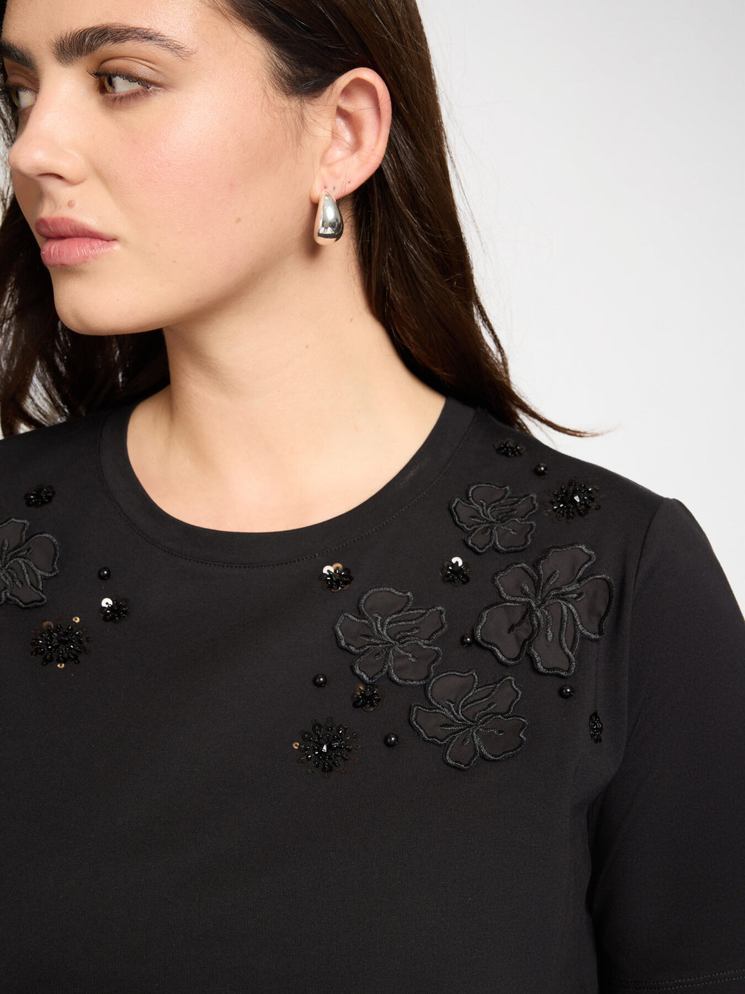 Elena Miro Cotton Jersey Tee with Floral Embellishing in Black