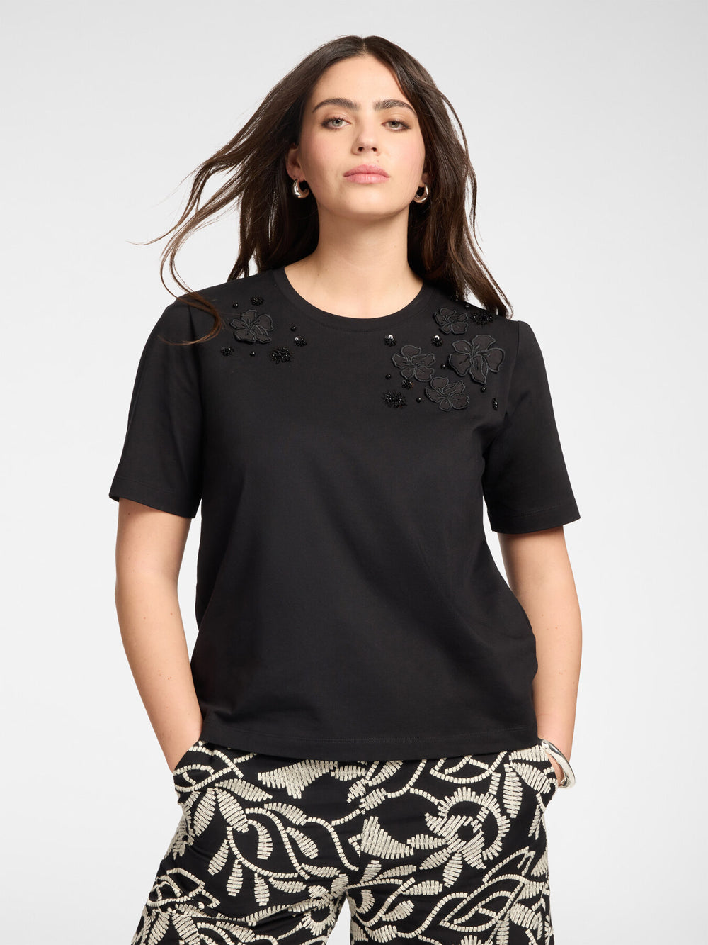 Elena Miro Cotton Jersey Tee with Floral Embellishing in Black