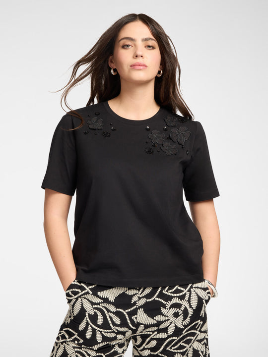 Elena Miro Cotton Jersey Tee with Floral Embellishing in Black
