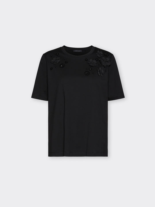 Elena Miro Cotton Jersey Tee with Floral Embellishing in Black
