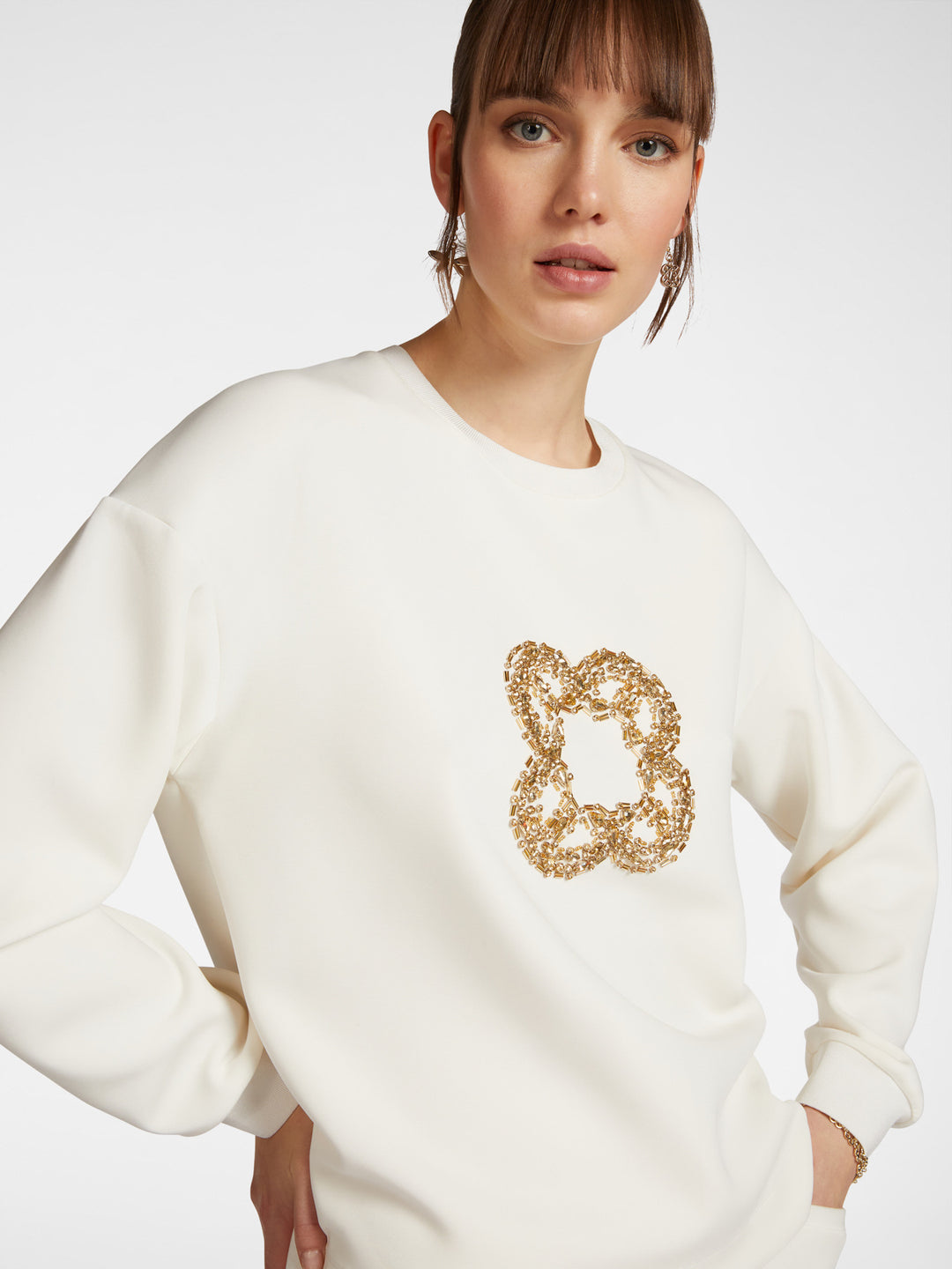 Elena Miro Long Sleeve Embellished Front Sweat Top in Off-White