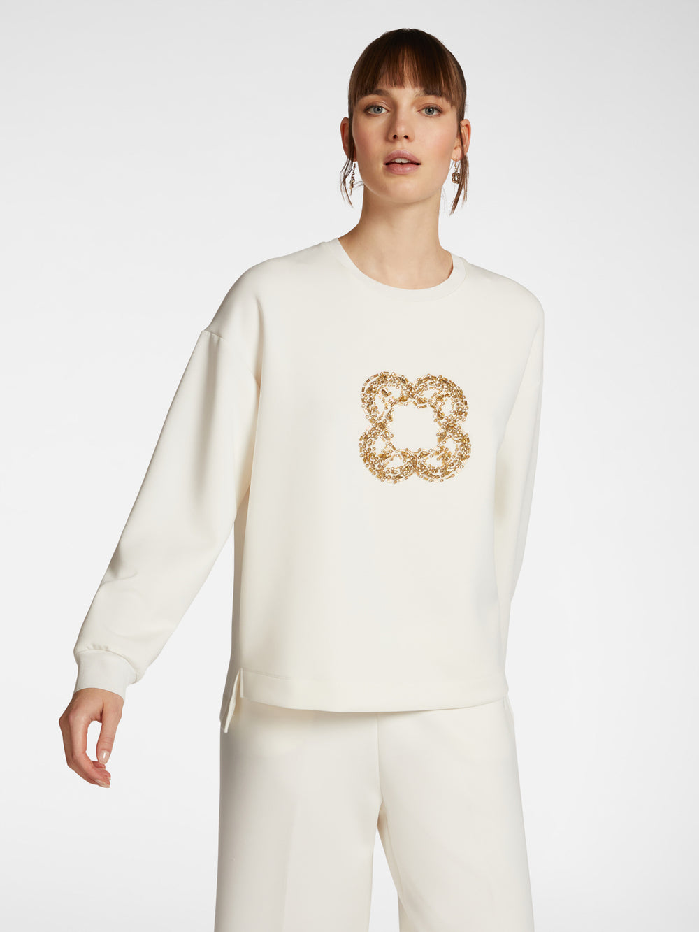 Elena Miro Long Sleeve Embellished Front Sweat Top in Off-White