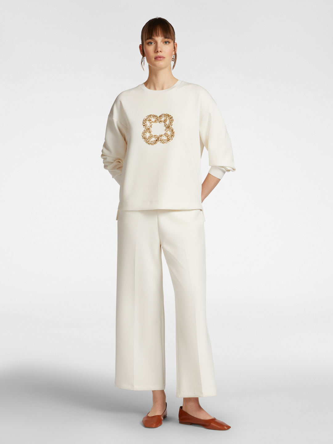 Elena Miro Long Sleeve Embellished Front Sweat Top in Off-White