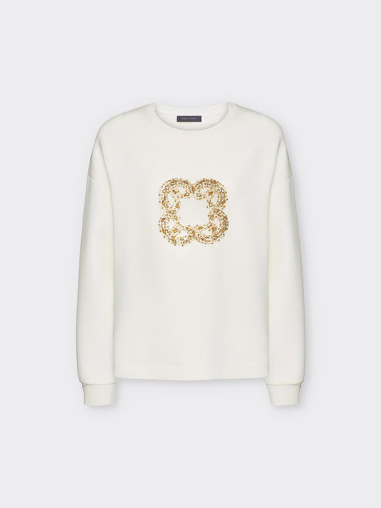Elena Miro Long Sleeve Embellished Front Sweat Top in Off-White