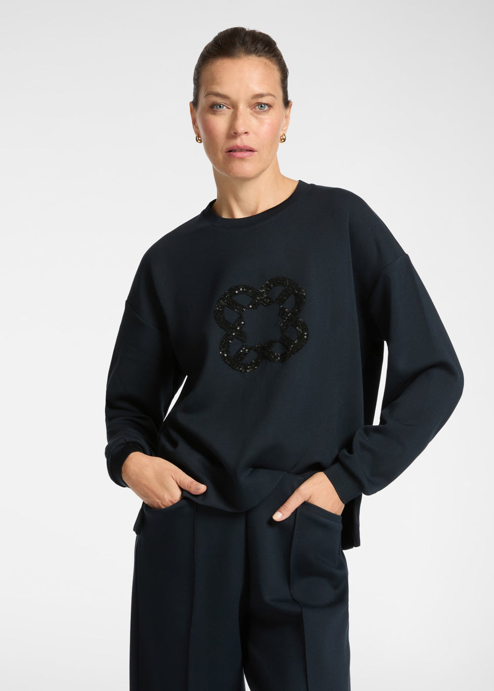 front view of plus size Elena Miro Scuba Sweat shirt in Black