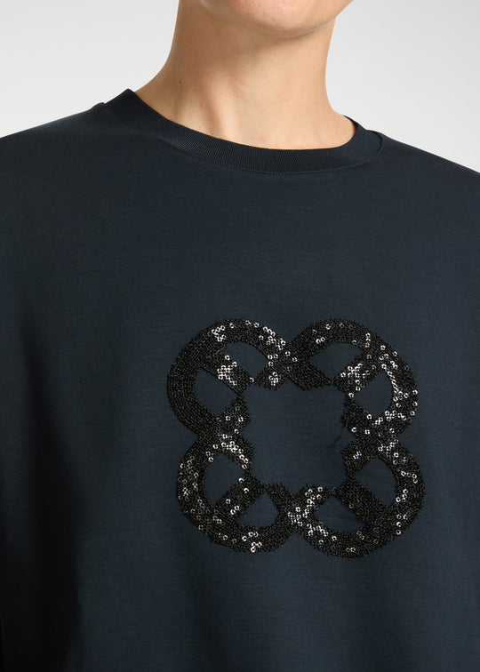 close up front view of plus size Elena Miro Scuba Sweat shirt in Black