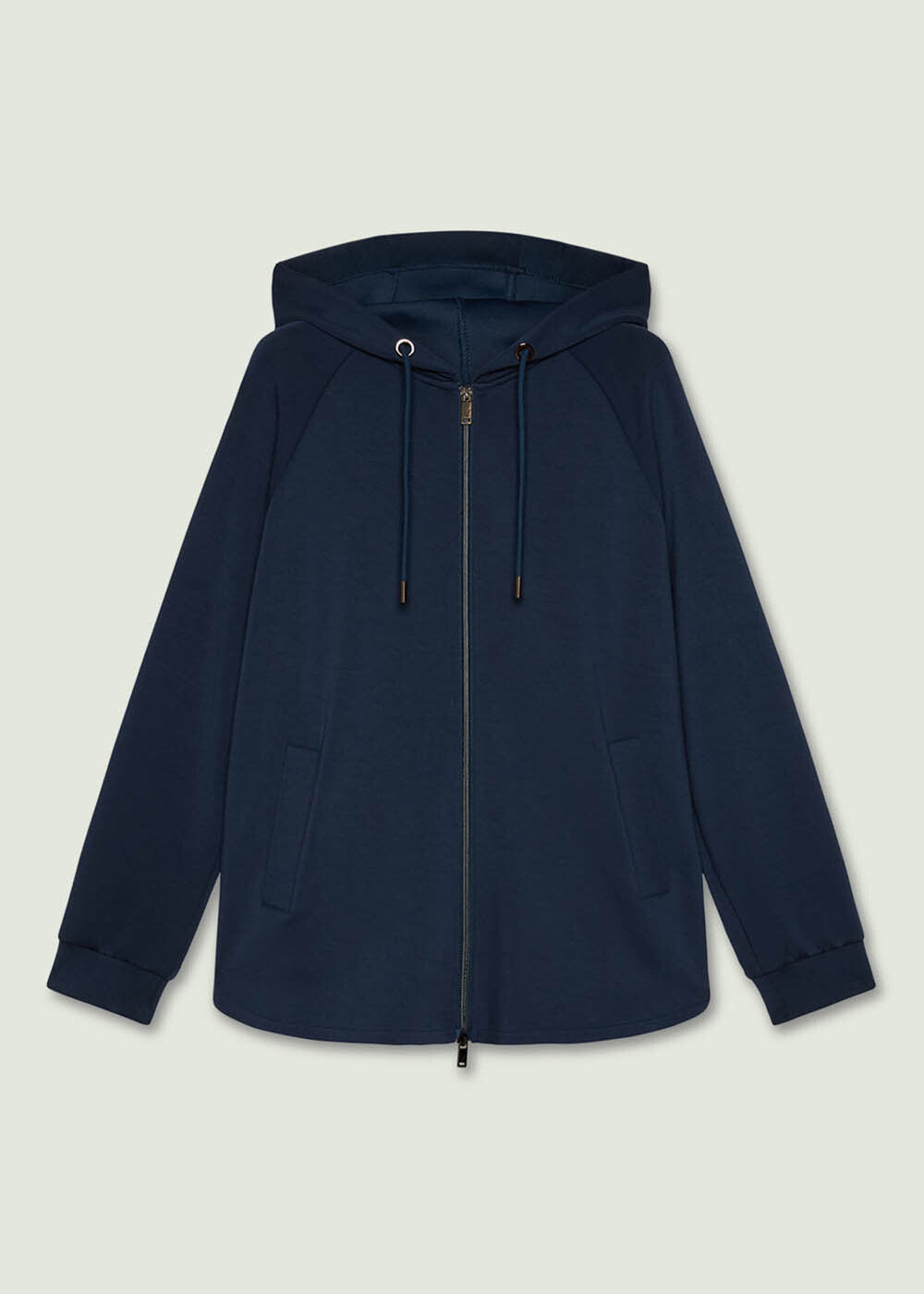front view of plus size Luisa Viola Scuba Jersey Zip front Hoodie in Midnight