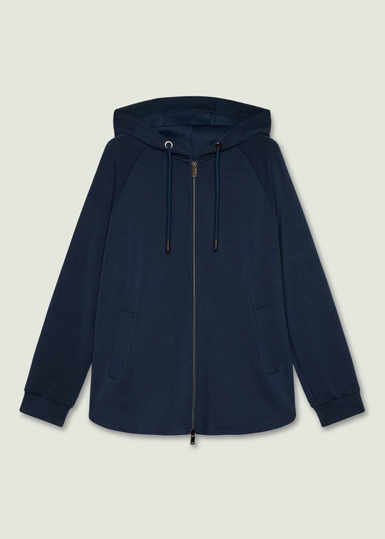 front view of plus size Luisa Viola Scuba Jersey Zip front Hoodie in Midnight