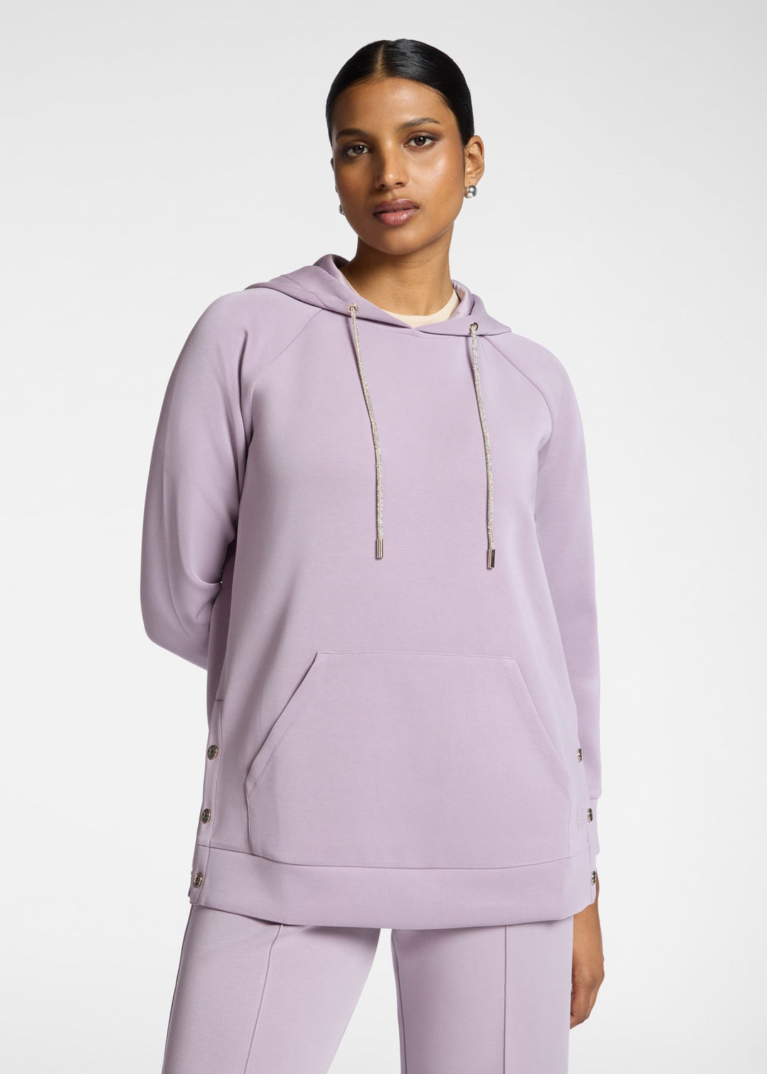 Front view of plus size Elena Miro Hooded Scuba Sweatshirt in Glass