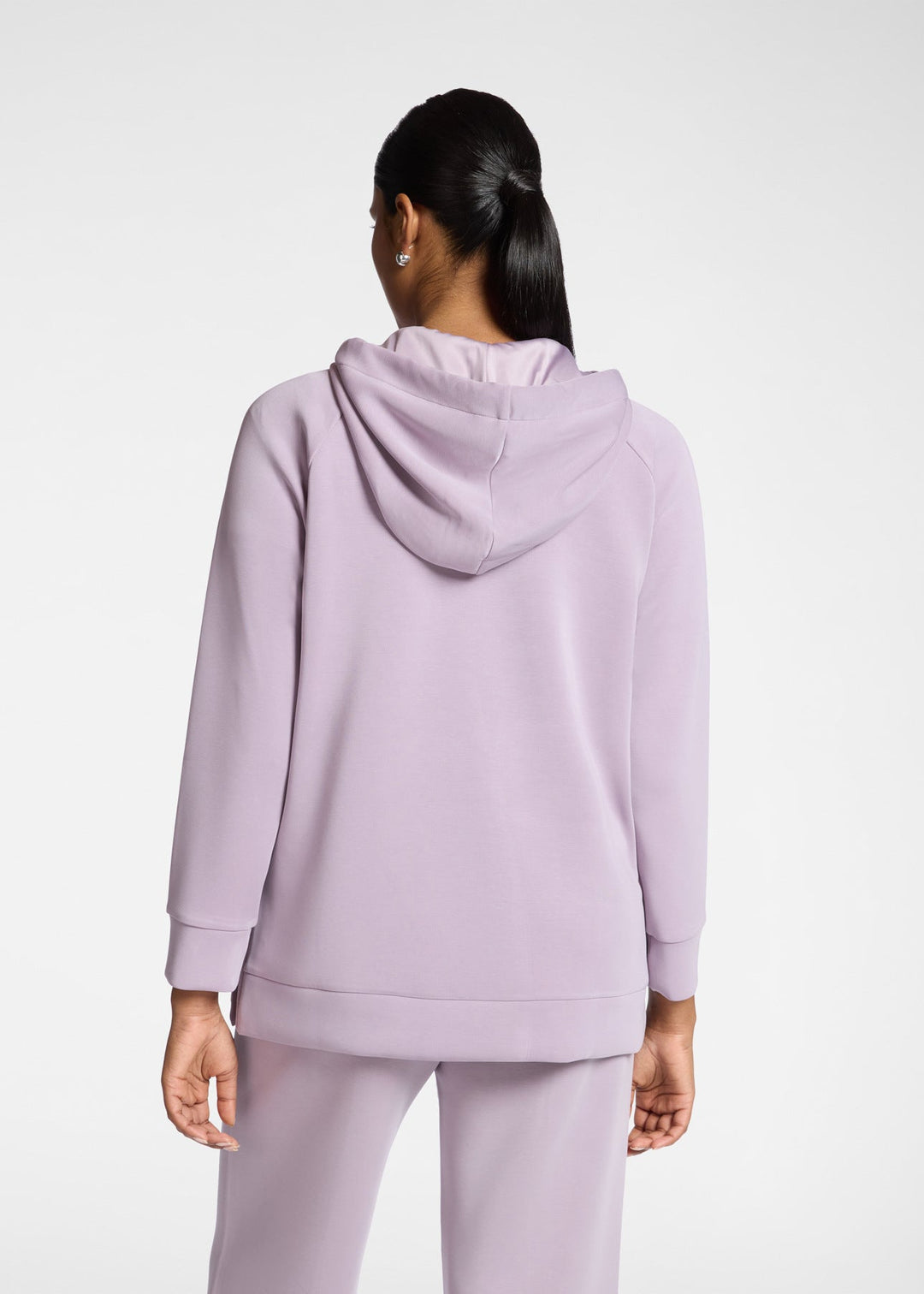 Back view of plus size Elena Miro Hooded Scuba Sweatshirt in Glass