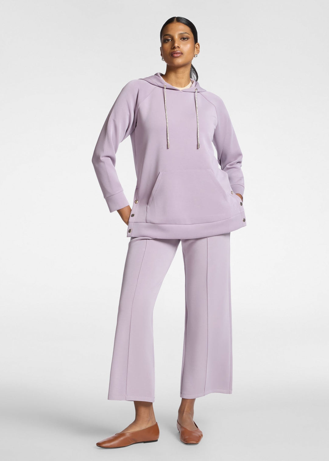 Front view of plus size Elena Miro Hooded Scuba Sweatshirt in Glass