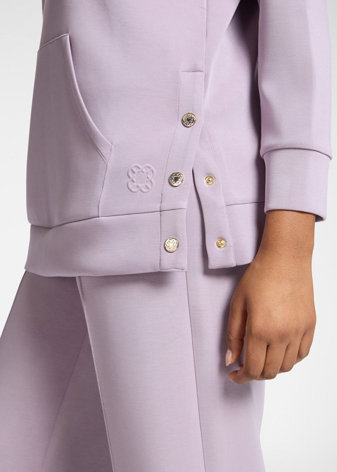 Close up side view of plus size Elena Miro Hooded Scuba Sweatshirt in Glass