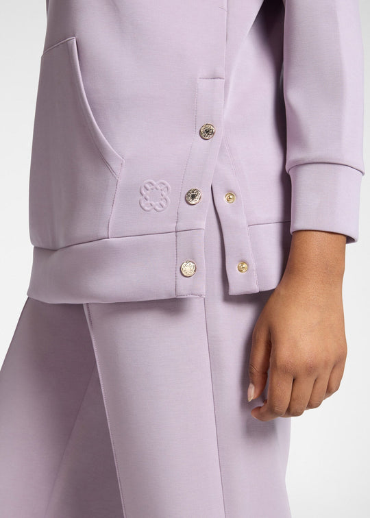 Close up side view of plus size Elena Miro Hooded Scuba Sweatshirt in Glass